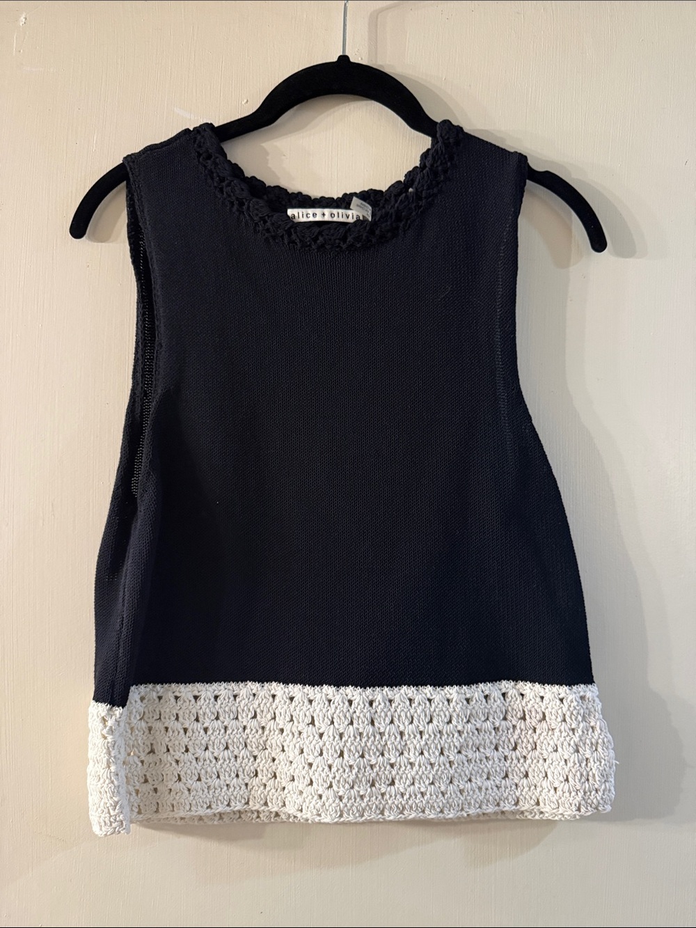 Alice + Olivia Black Knit Tank with White Crochet Trim